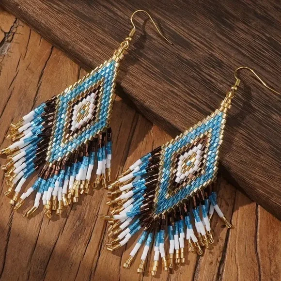 Beaded  Earrings - Blue, Gold, Brown, White - Picture 3 of 3